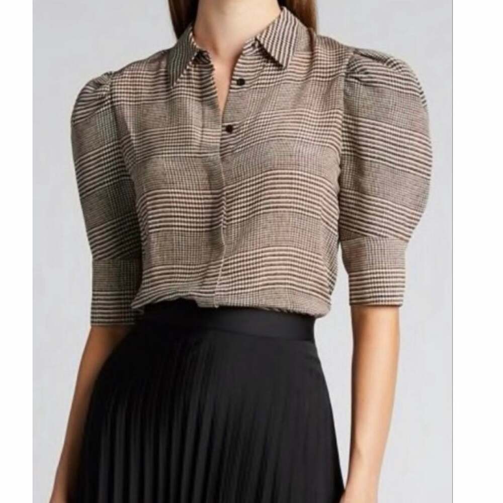 Alice + Olivia Willa Scruch Sleeve 100% Silk Blouse Sz XS Afterglow Plaid